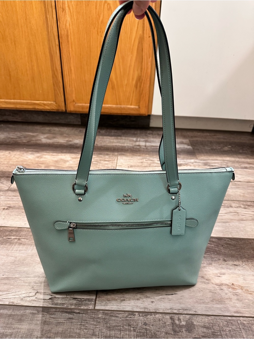 Coach Ice Blue Leather Tote with Exterior Zip Pocket